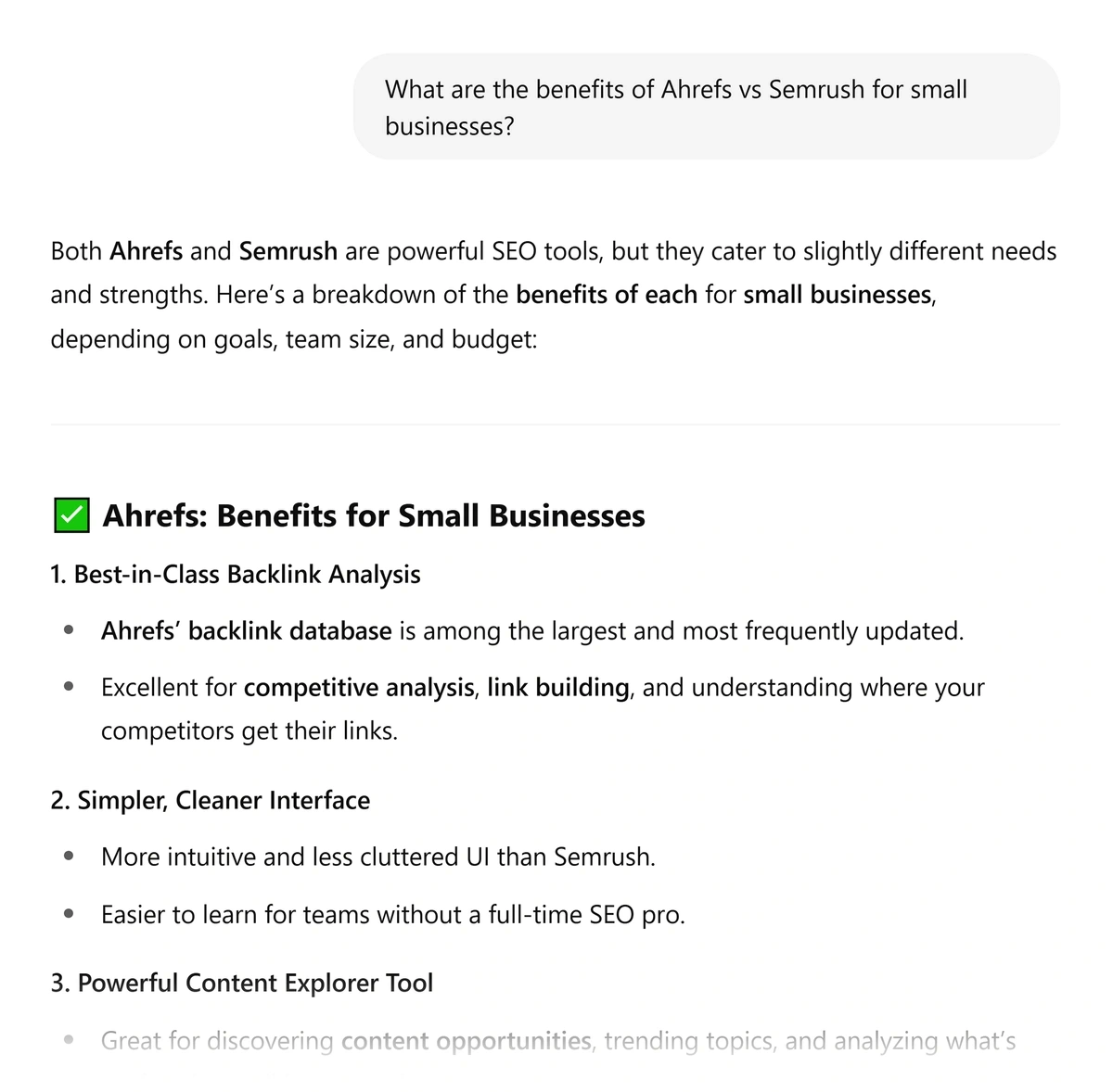 Ahrefs vs Semrush comparison conversation in ChatGPT